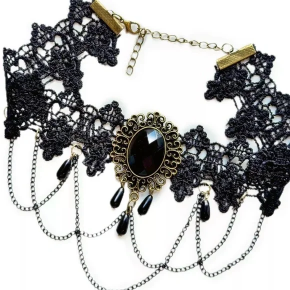 New Vintage Choker Necklace Black Sapphire Gothic in box - Picture 3 of 9